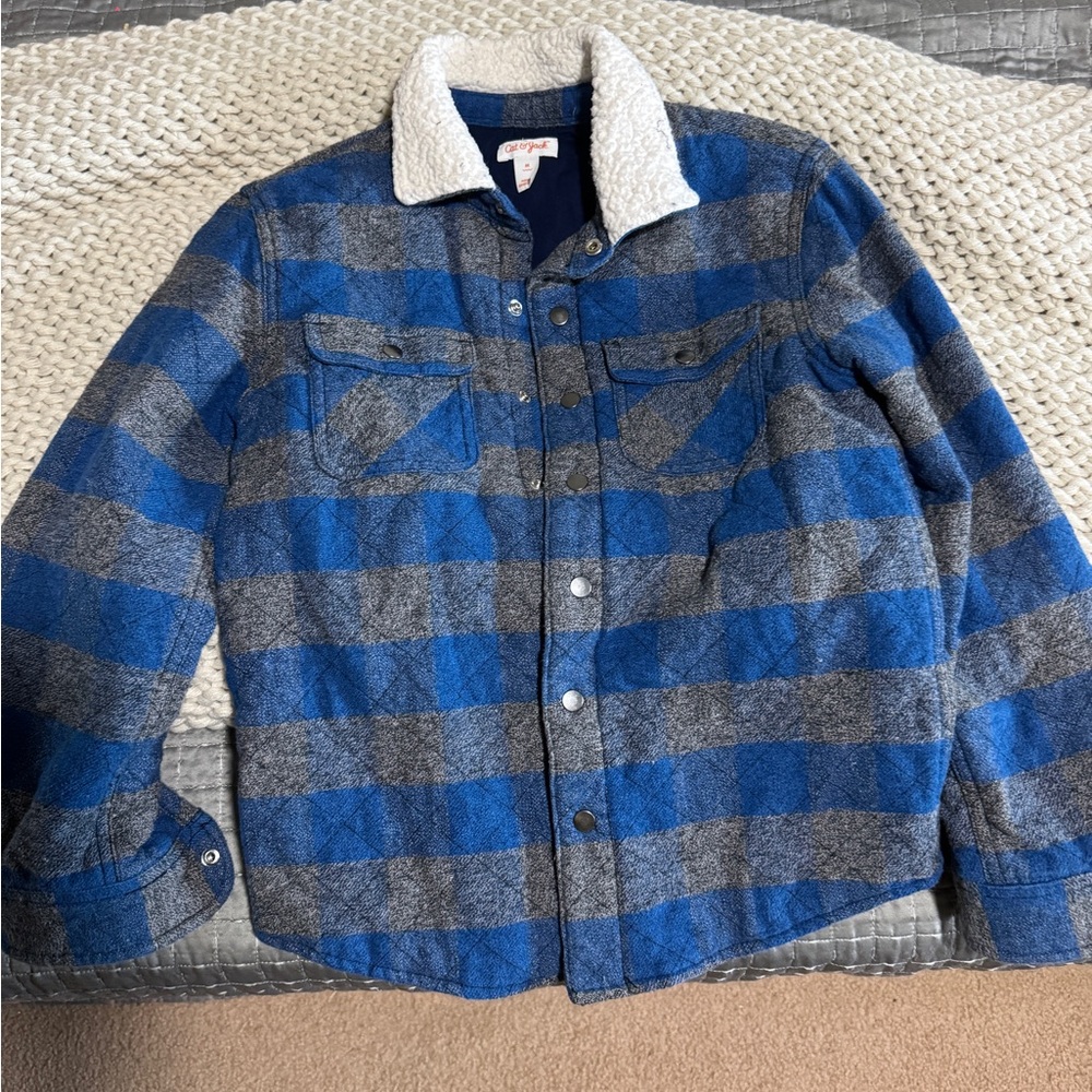 Boys Blue and Gray Plaid Jacket with Sherpa Collar- size medium